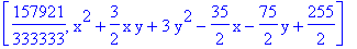 [157921/333333, x^2+3/2*x*y+3*y^2-35/2*x-75/2*y+255/2]
